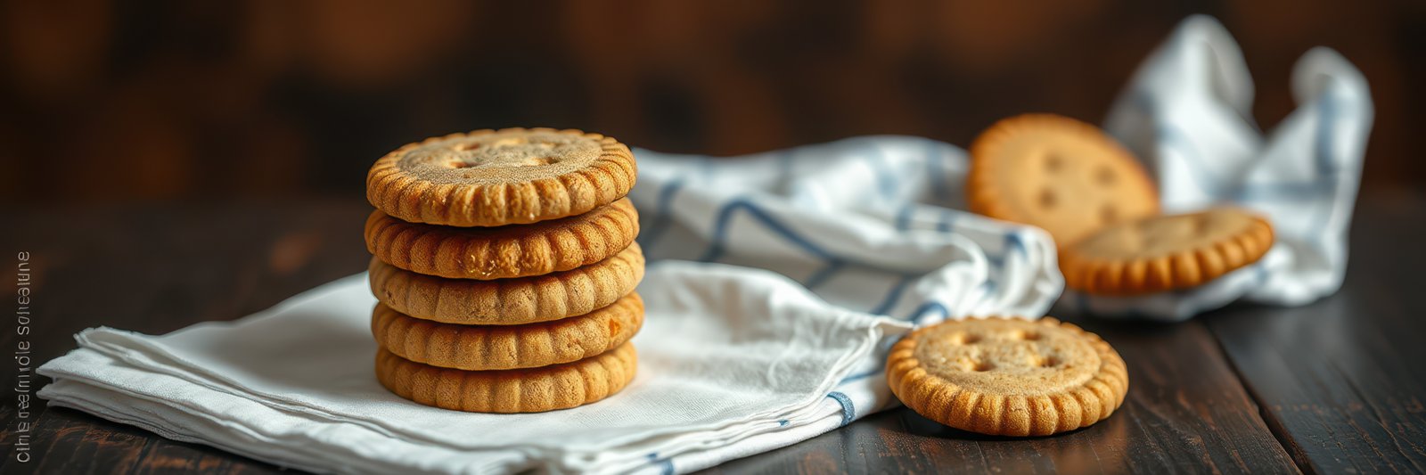 Cookies stacked on a cloth napkin with a rustic wooden background in a cozy kitchen setting